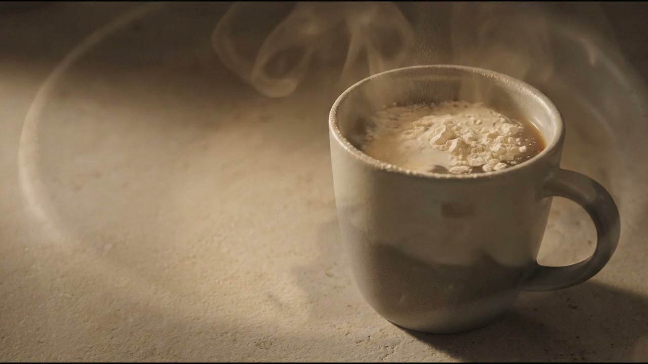 The powder resting on the surface of the coffee before it is stirred